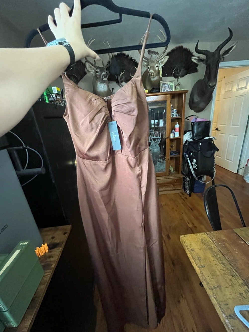 Lulu's Copper-Brown Satin Maxi Dress with Spaghetti Straps